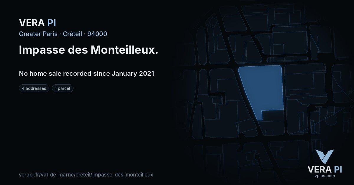 Impasse des Monteilleux, Créteil at night – every parcel coloured by the prices around it, the street's own parcels lit