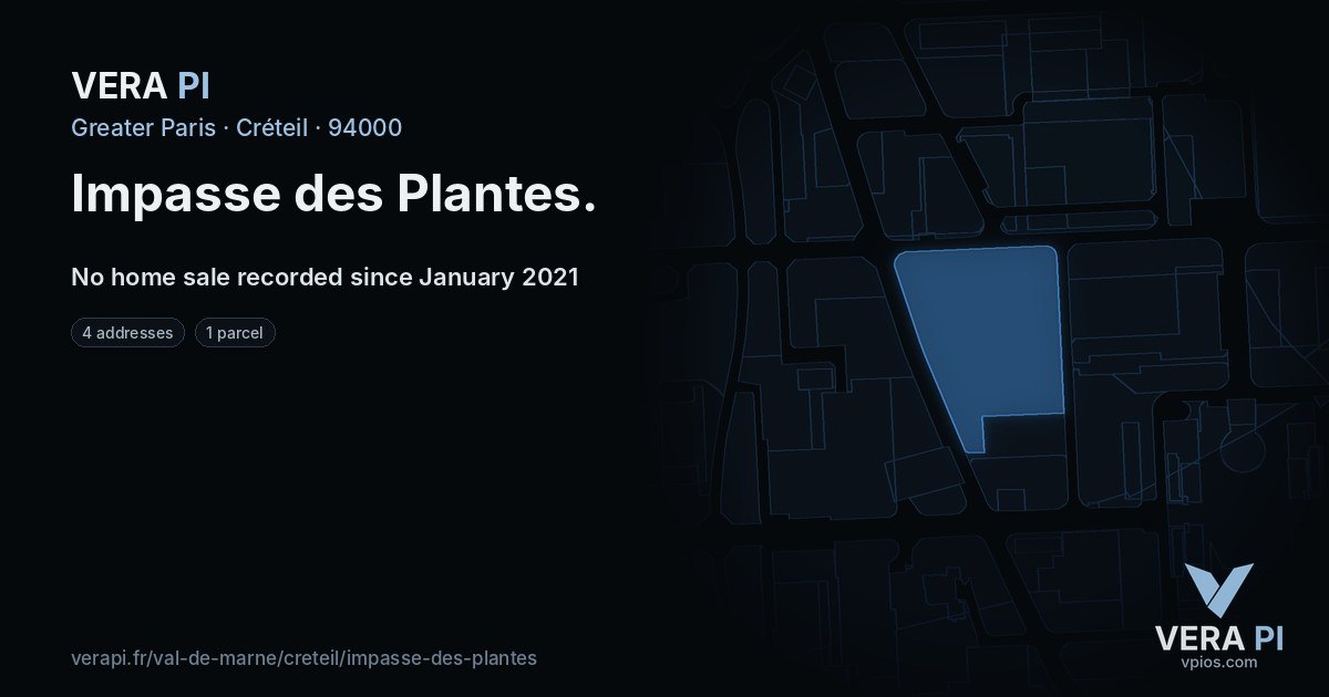 Impasse des Plantes, Créteil at night – every parcel coloured by the prices around it, the street's own parcels lit