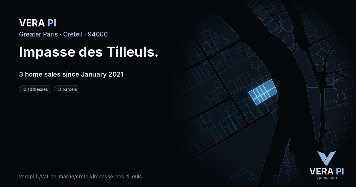 Impasse des Tilleuls, Créteil at night – every parcel coloured by the prices around it, the street's own parcels lit