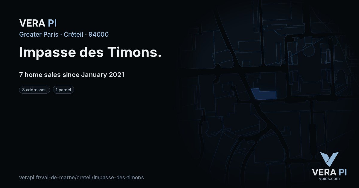 Impasse des Timons, Créteil at night – every parcel coloured by the prices around it, the street's own parcels lit