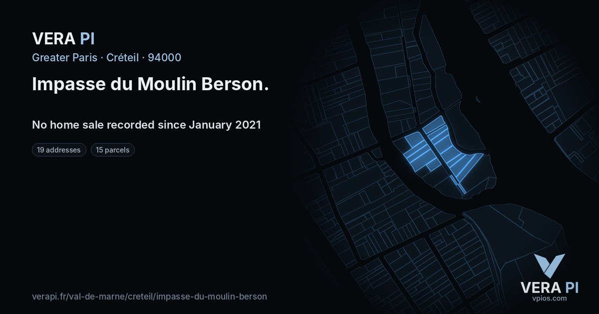 Impasse du Moulin Berson, Créteil at night – every parcel coloured by the prices around it, the street's own parcels lit