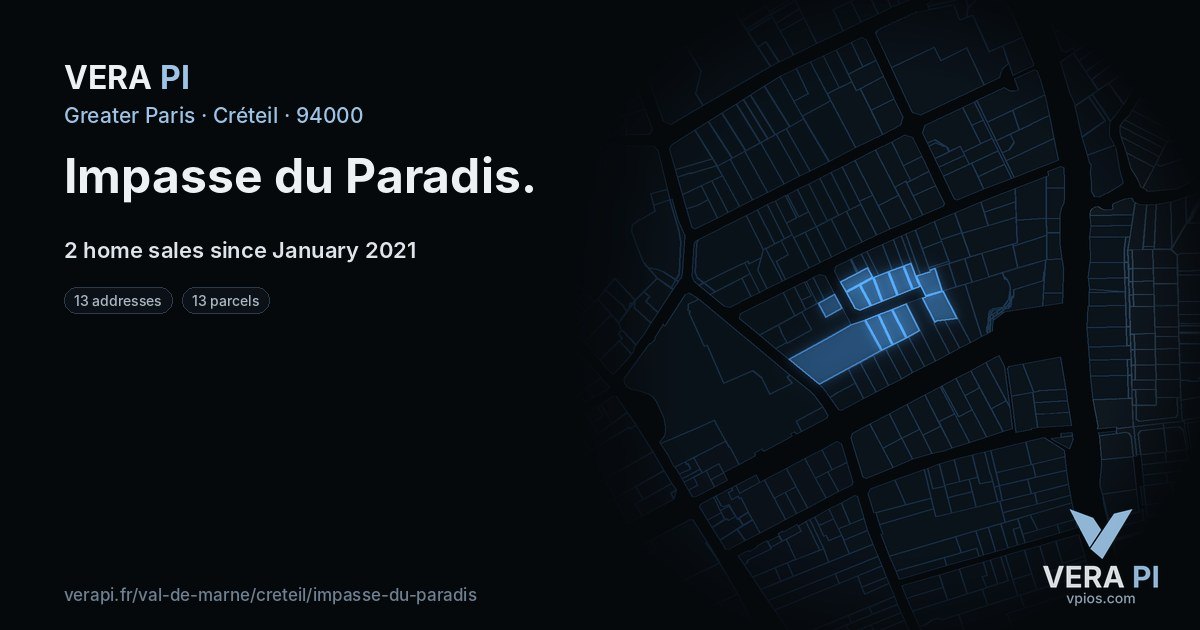 Impasse du Paradis, Créteil at night – every parcel coloured by the prices around it, the street's own parcels lit