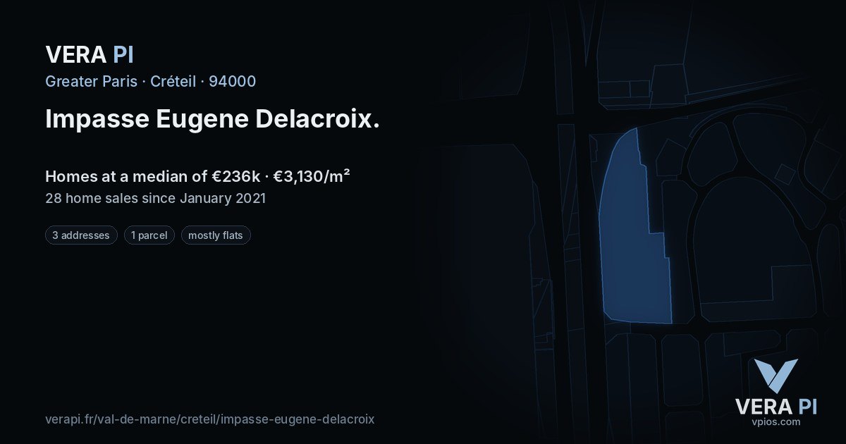 Impasse Eugene Delacroix, Créteil at night – every parcel coloured by the prices around it, the street's own parcels lit