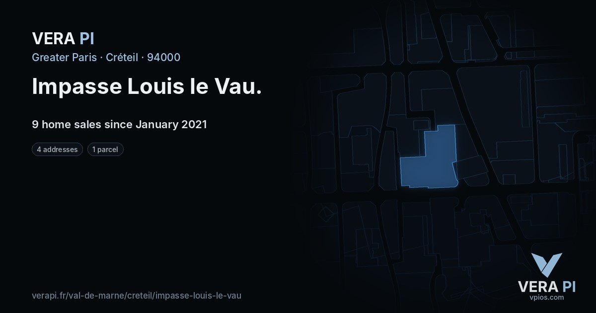Impasse Louis le Vau, Créteil at night – every parcel coloured by the prices around it, the street's own parcels lit