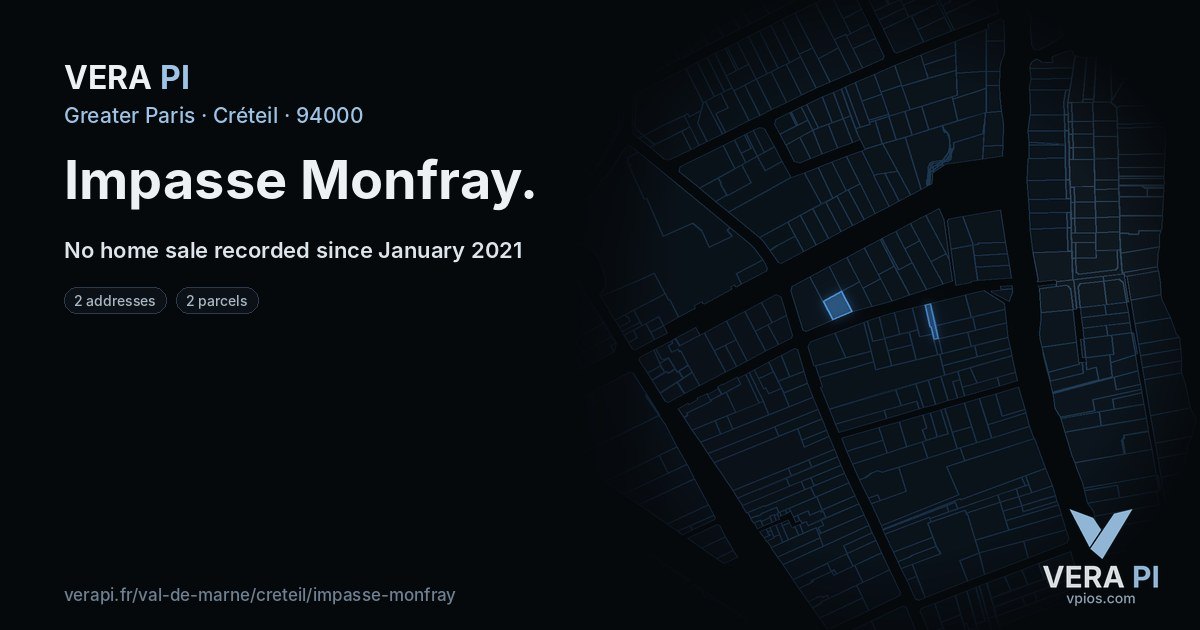 Impasse Monfray, Créteil at night – every parcel coloured by the prices around it, the street's own parcels lit