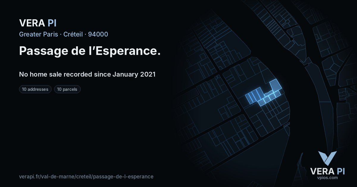 Passage de l’Esperance, Créteil at night – every parcel coloured by the prices around it, the street's own parcels lit