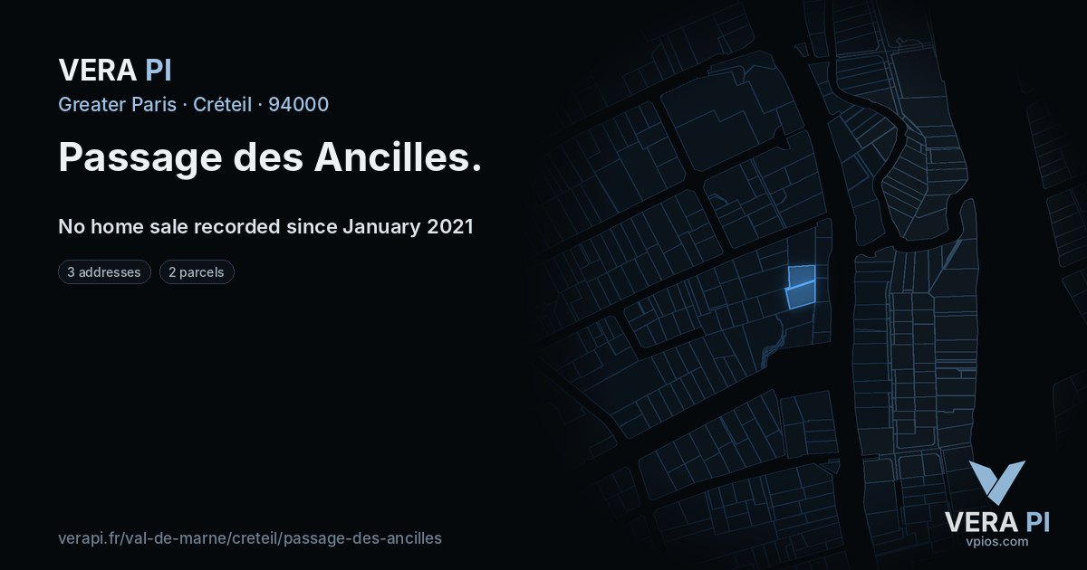 Passage des Ancilles, Créteil at night – every parcel coloured by the prices around it, the street's own parcels lit