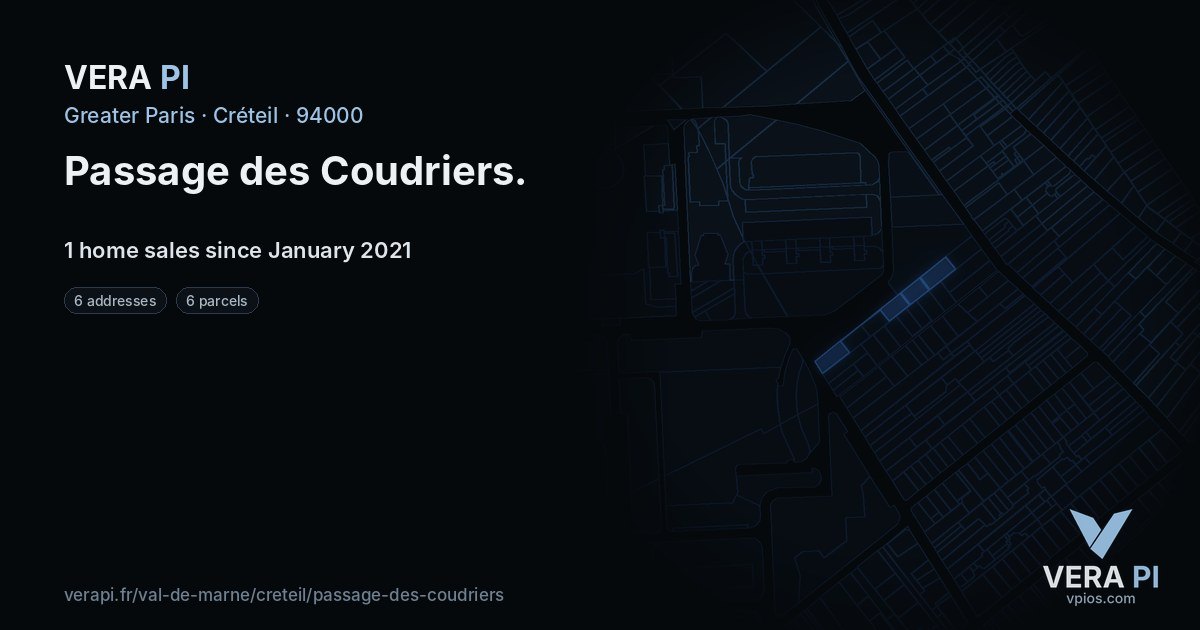 Passage des Coudriers, Créteil at night – every parcel coloured by the prices around it, the street's own parcels lit