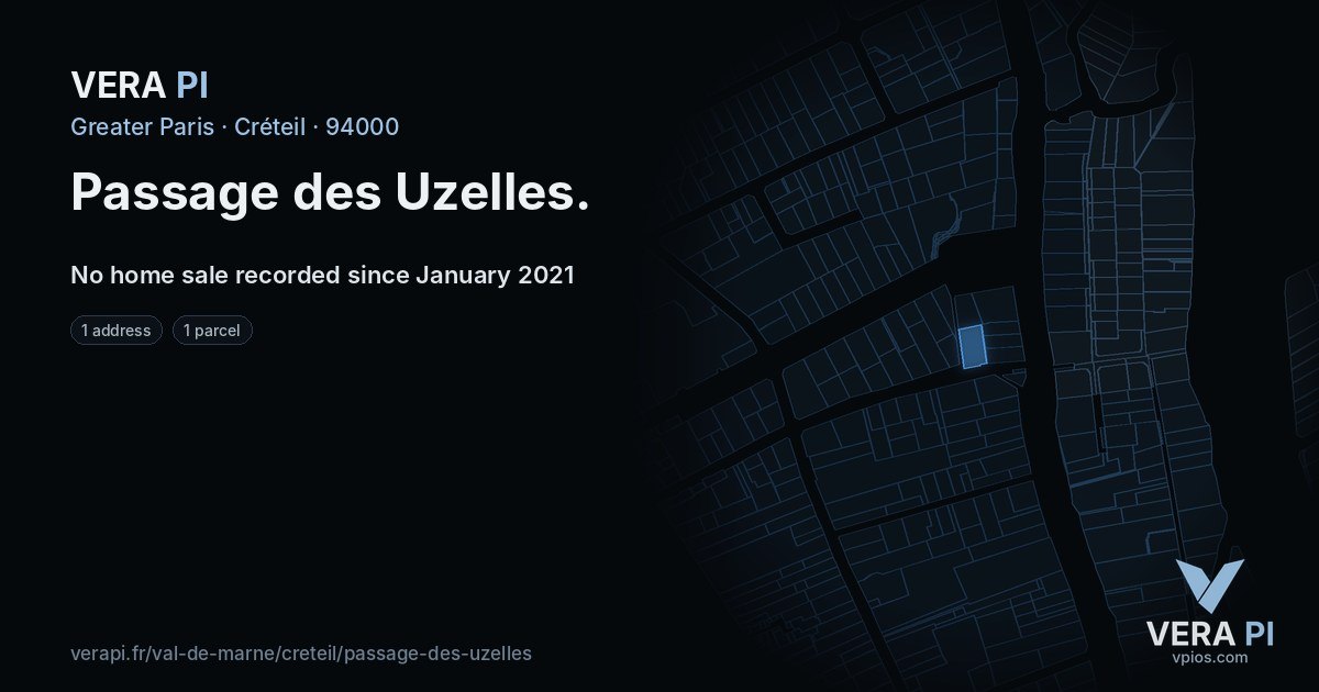Passage des Uzelles, Créteil at night – every parcel coloured by the prices around it, the street's own parcels lit