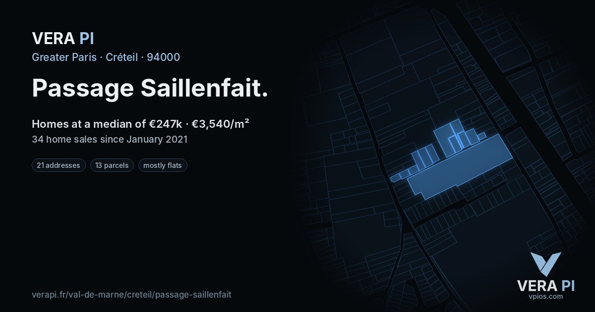 Passage Saillenfait, Créteil at night – every parcel coloured by the prices around it, the street's own parcels lit