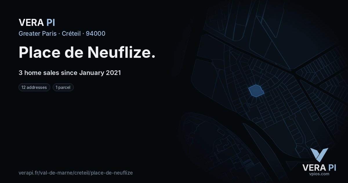 Place de Neuflize, Créteil at night – every parcel coloured by the prices around it, the street's own parcels lit