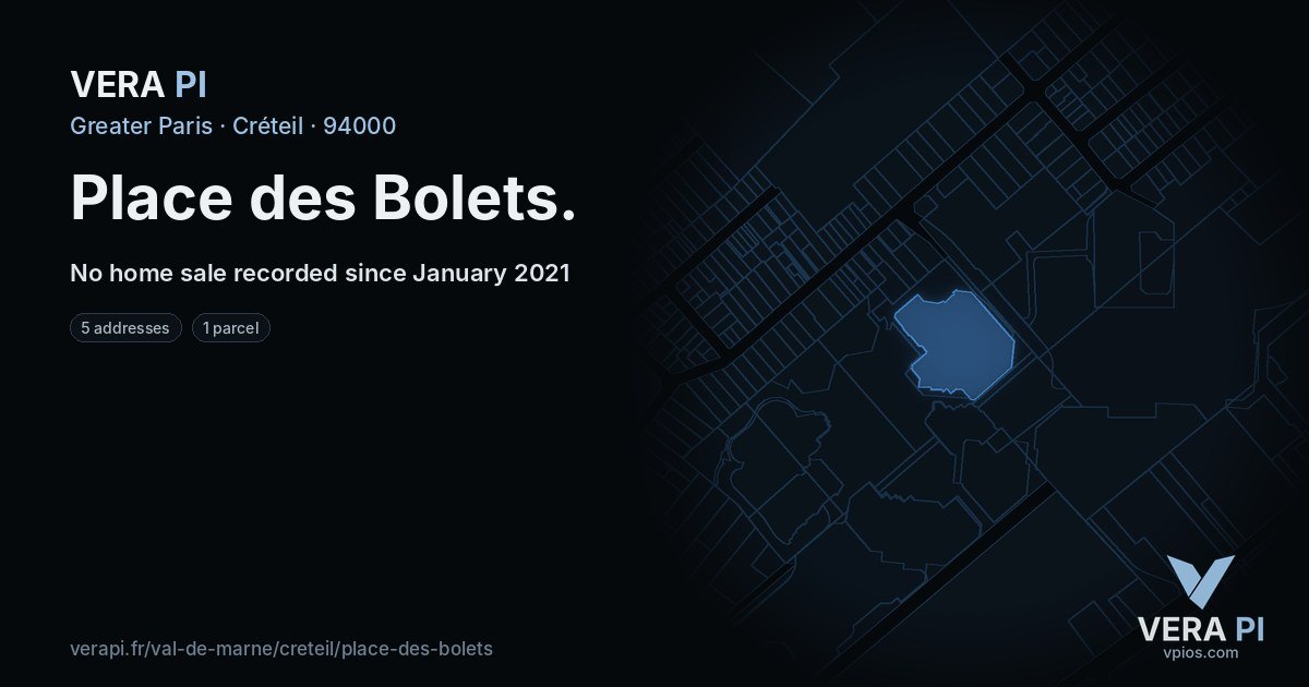 Place des Bolets, Créteil at night – every parcel coloured by the prices around it, the street's own parcels lit