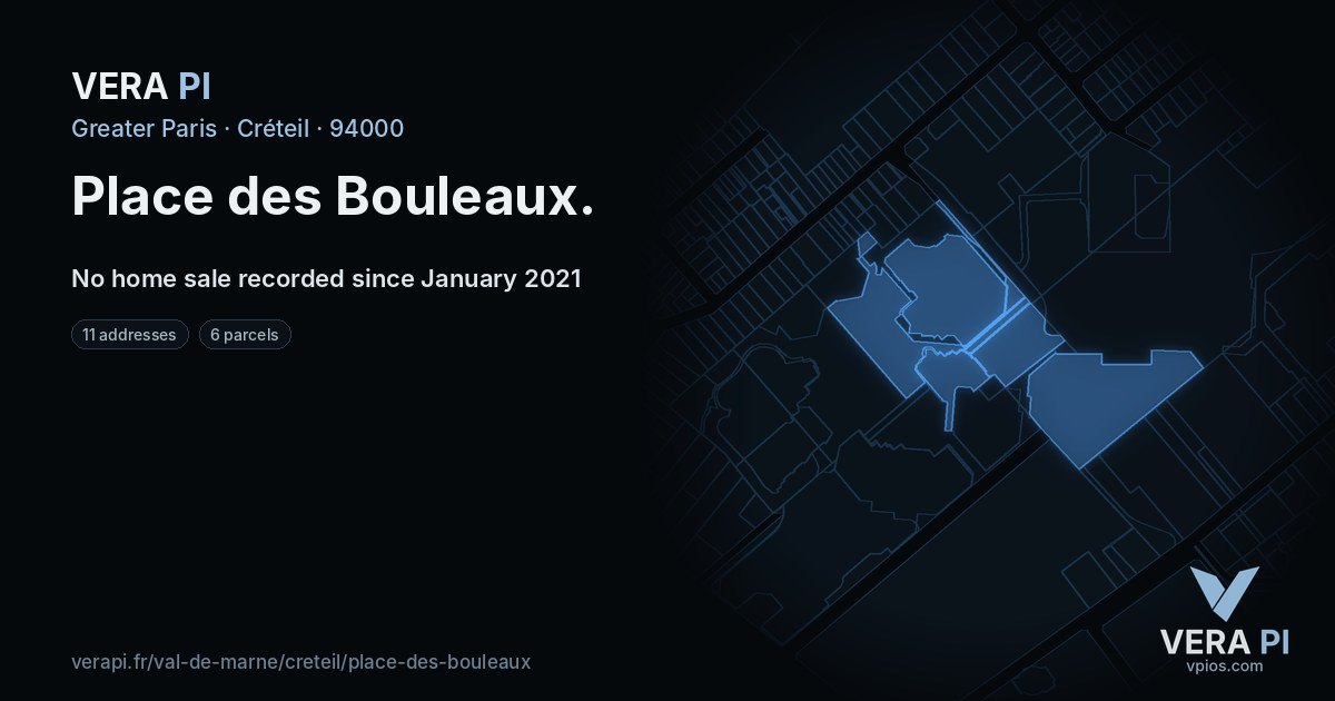 Place des Bouleaux, Créteil at night – every parcel coloured by the prices around it, the street's own parcels lit