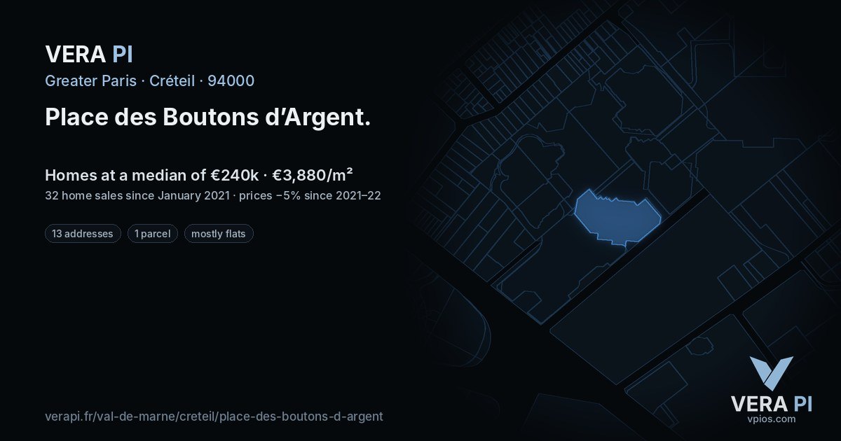 Place des Boutons d’Argent, Créteil at night – every parcel coloured by the prices around it, the street's own parcels lit