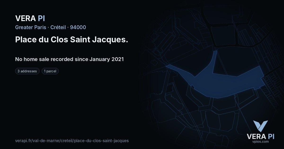 Place du Clos Saint Jacques, Créteil at night – every parcel coloured by the prices around it, the street's own parcels lit