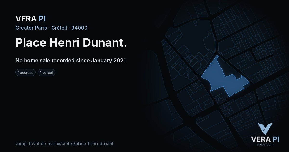 Place Henri Dunant, Créteil at night – every parcel coloured by the prices around it, the street's own parcels lit