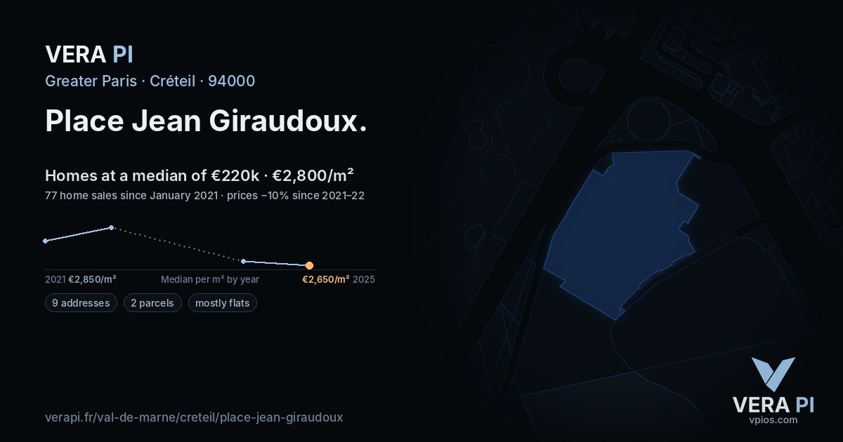 Place Jean Giraudoux, Créteil at night – every parcel coloured by the prices around it, the street's own parcels lit