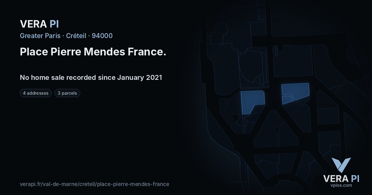 Place Pierre Mendes France, Créteil at night – every parcel coloured by the prices around it, the street's own parcels lit