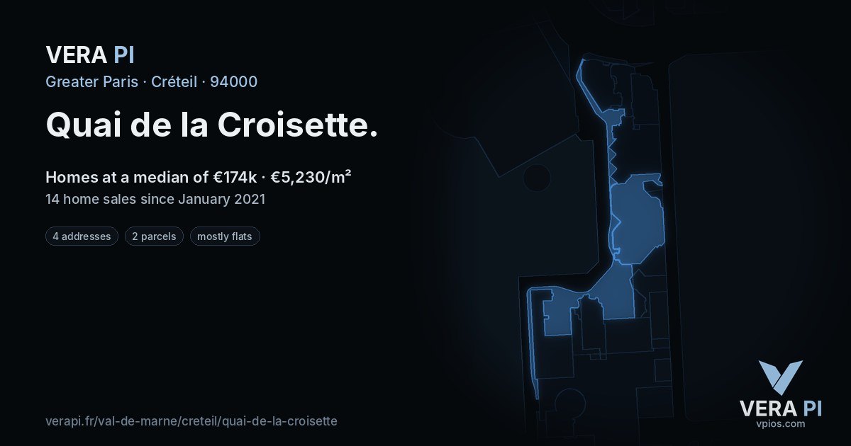 Quai de la Croisette, Créteil at night – every parcel coloured by the prices around it, the street's own parcels lit