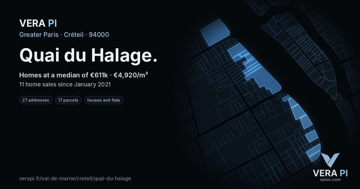 Quai du Halage, Créteil at night – every parcel coloured by the prices around it, the street's own parcels lit