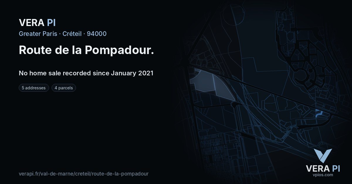 Route de la Pompadour, Créteil at night – every parcel coloured by the prices around it, the street's own parcels lit