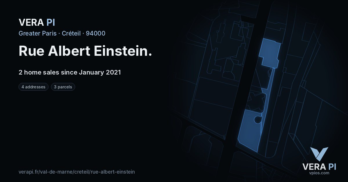 Rue Albert Einstein, Créteil at night – every parcel coloured by the prices around it, the street's own parcels lit