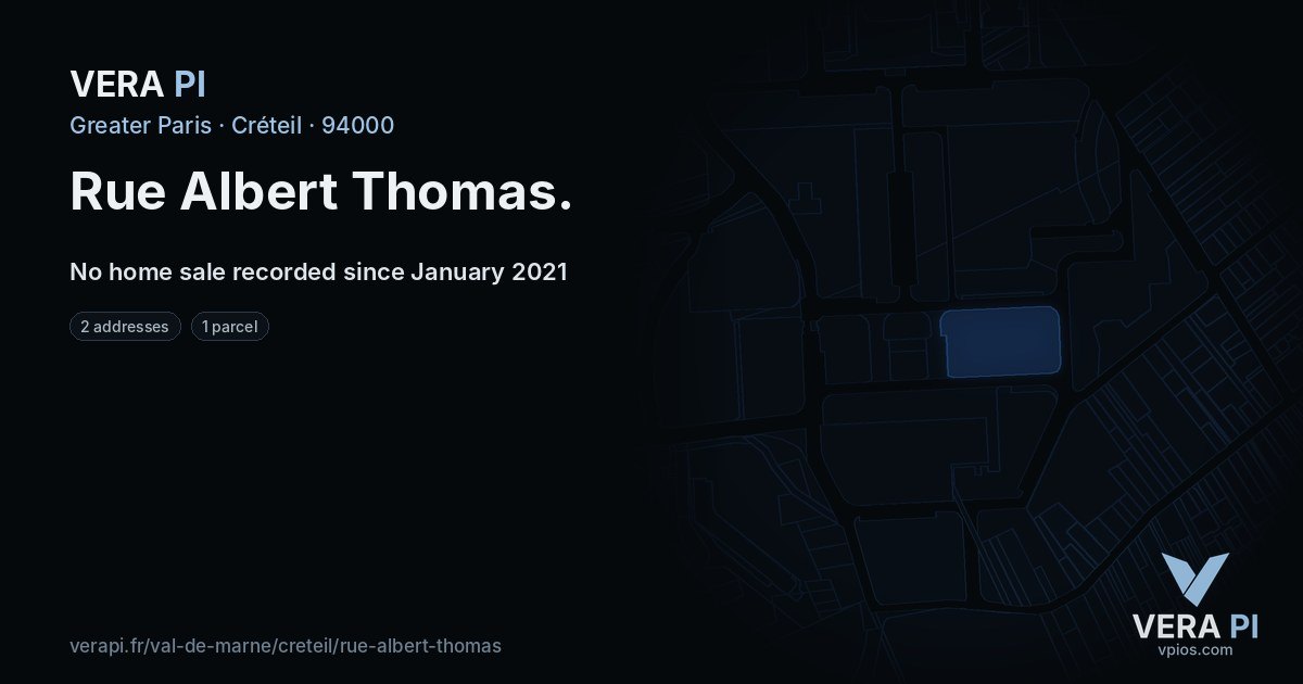 Rue Albert Thomas, Créteil at night – every parcel coloured by the prices around it, the street's own parcels lit