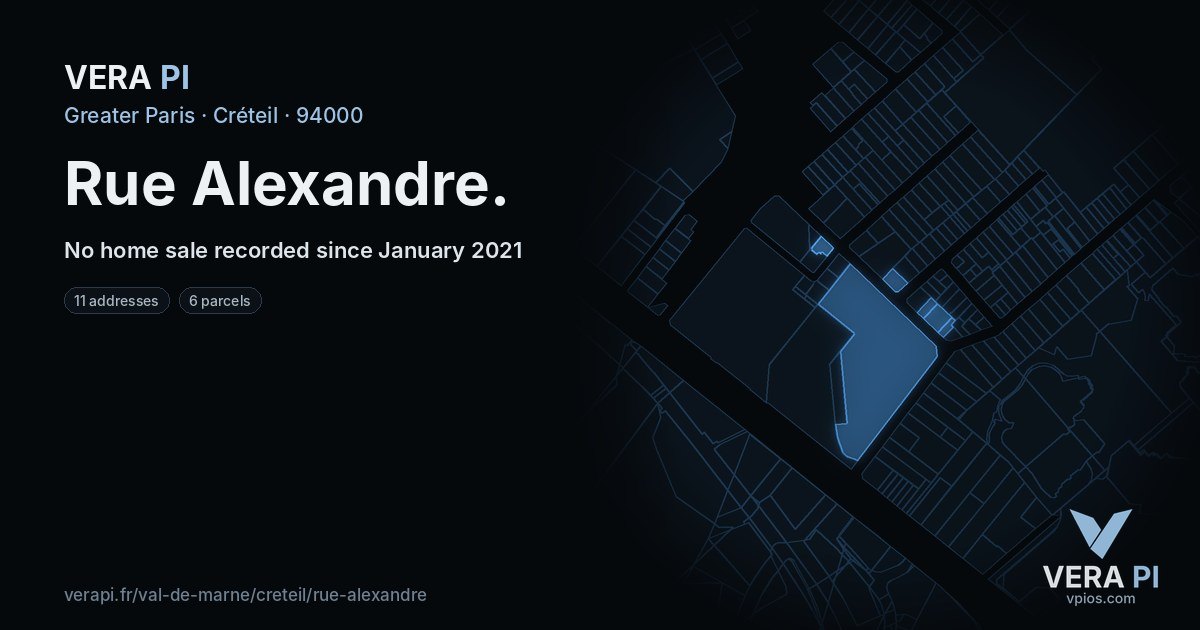 Rue Alexandre, Créteil at night – every parcel coloured by the prices around it, the street's own parcels lit