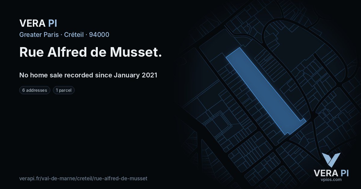 Rue Alfred de Musset, Créteil at night – every parcel coloured by the prices around it, the street's own parcels lit