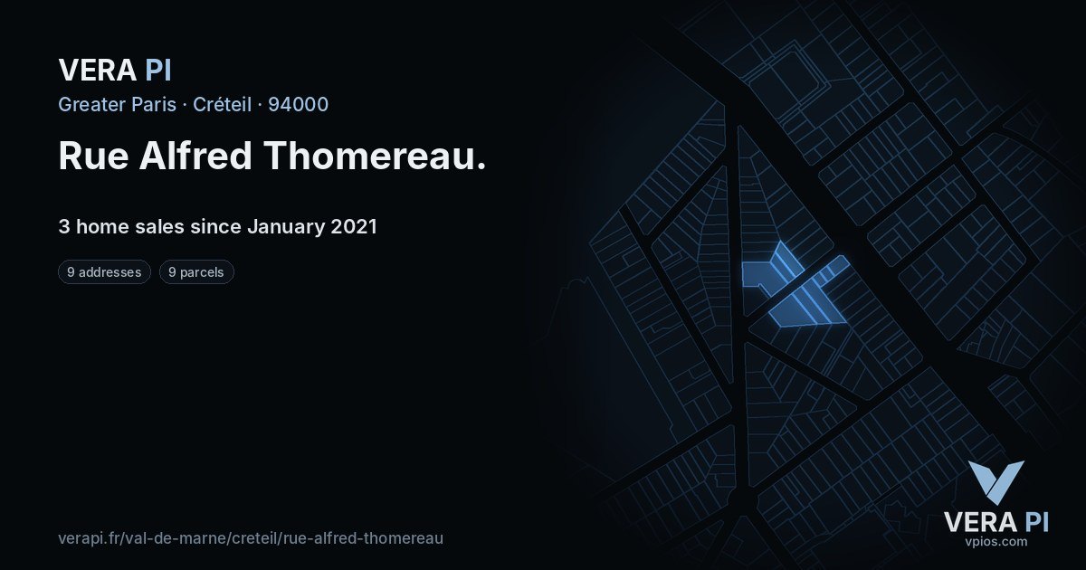 Rue Alfred Thomereau, Créteil at night – every parcel coloured by the prices around it, the street's own parcels lit