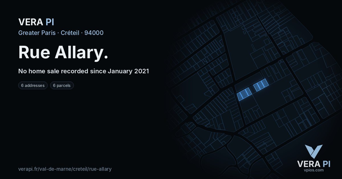 Rue Allary, Créteil at night – every parcel coloured by the prices around it, the street's own parcels lit