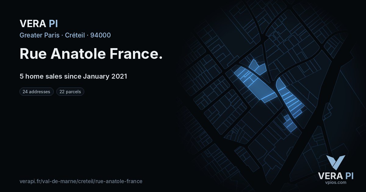 Rue Anatole France, Créteil at night – every parcel coloured by the prices around it, the street's own parcels lit