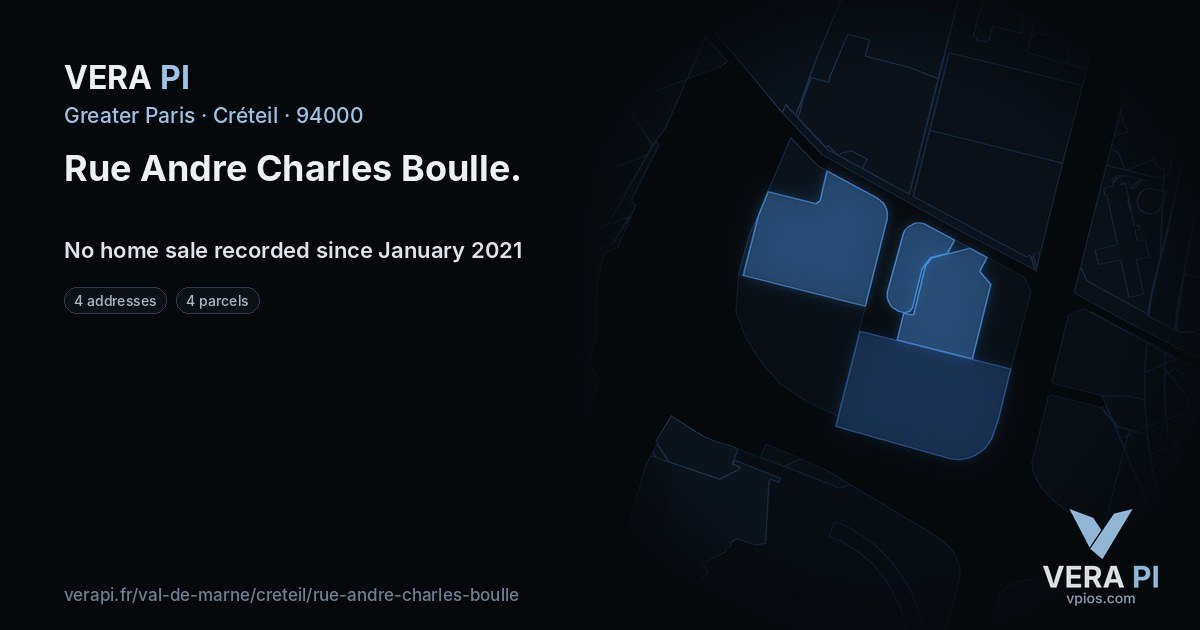 Rue Andre Charles Boulle, Créteil at night – every parcel coloured by the prices around it, the street's own parcels lit