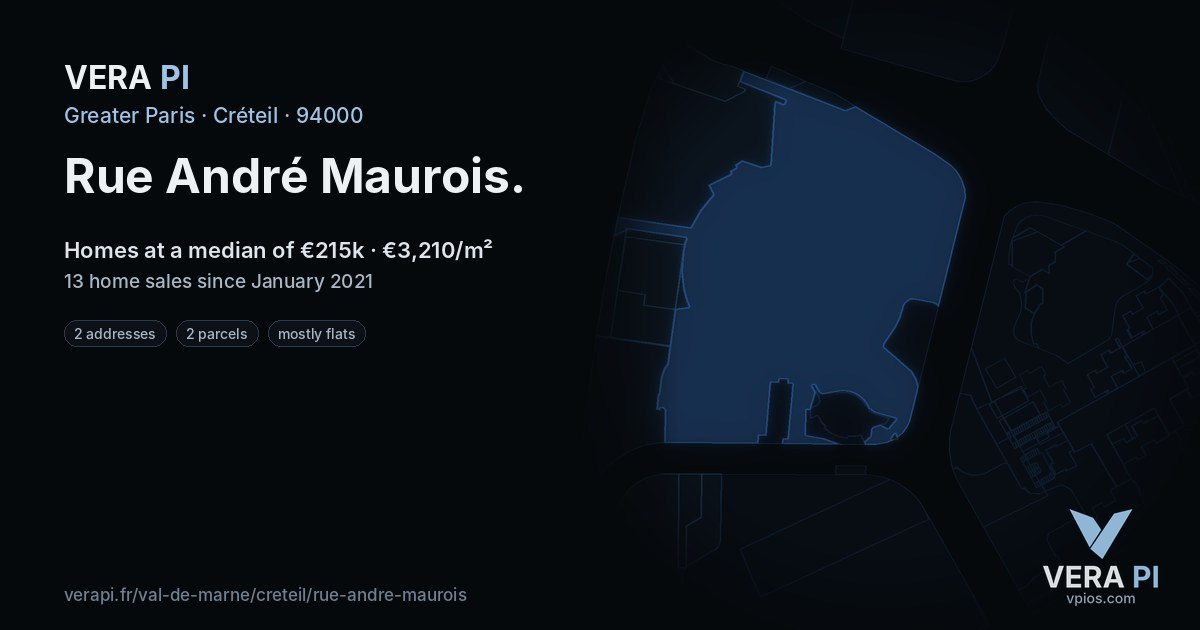 Rue André Maurois, Créteil at night – every parcel coloured by the prices around it, the street's own parcels lit