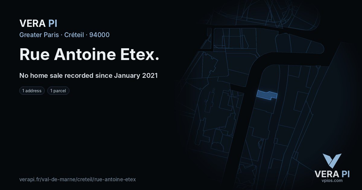 Rue Antoine Etex, Créteil at night – every parcel coloured by the prices around it, the street's own parcels lit