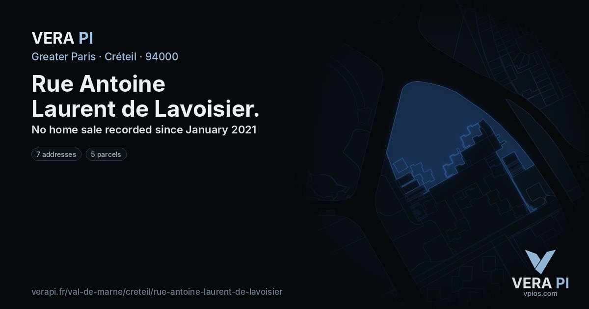 Rue Antoine Laurent de Lavoisier, Créteil at night – every parcel coloured by the prices around it, the street's own parcels lit