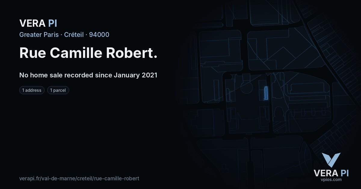 Rue Camille Robert, Créteil at night – every parcel coloured by the prices around it, the street's own parcels lit