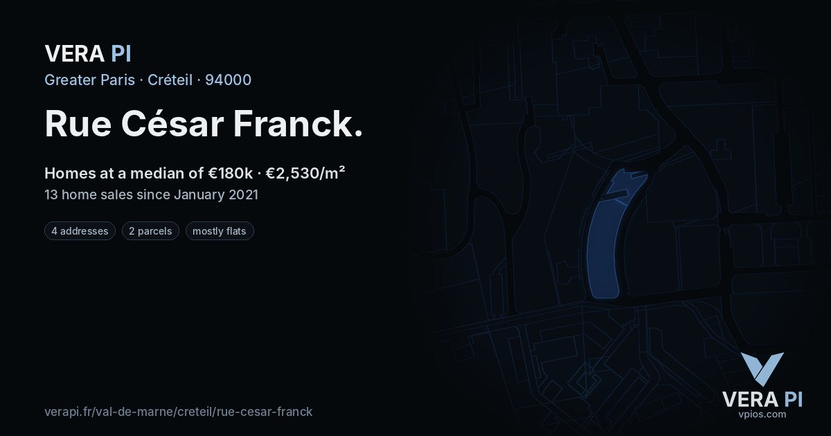 Rue César Franck, Créteil at night – every parcel coloured by the prices around it, the street's own parcels lit