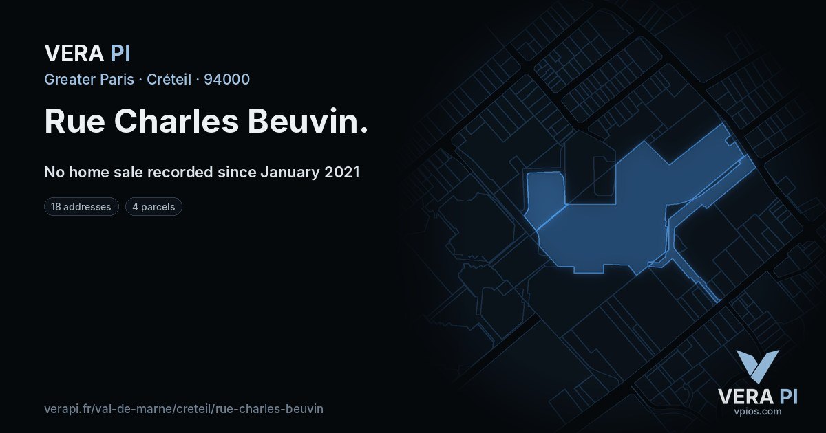 Rue Charles Beuvin, Créteil at night – every parcel coloured by the prices around it, the street's own parcels lit