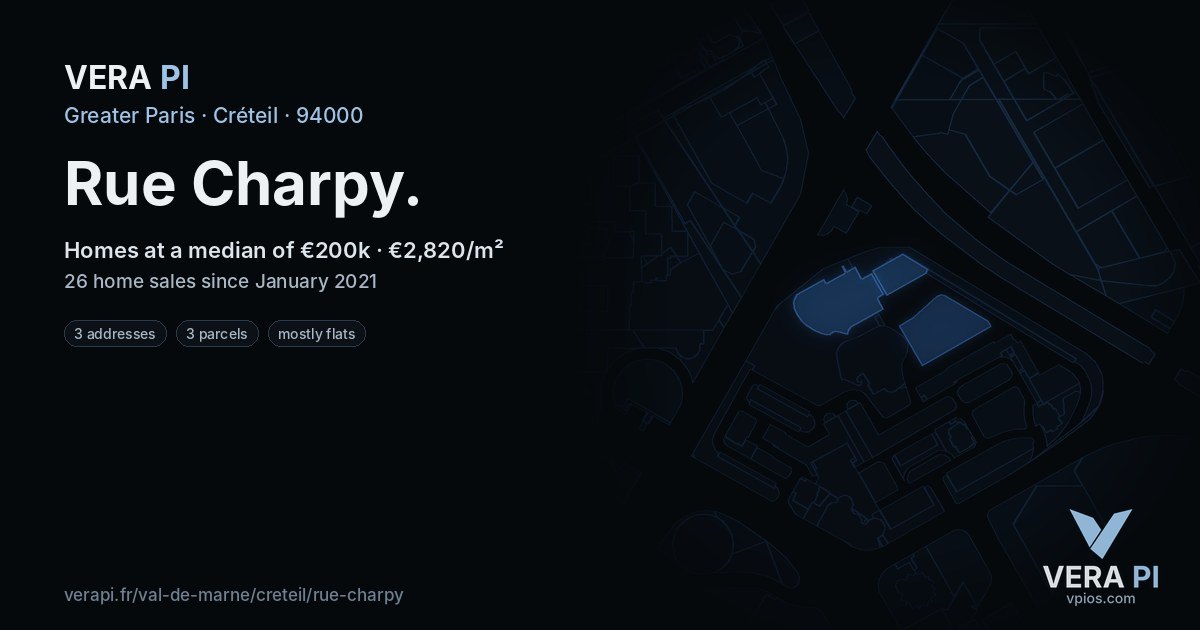 Rue Charpy, Créteil at night – every parcel coloured by the prices around it, the street's own parcels lit