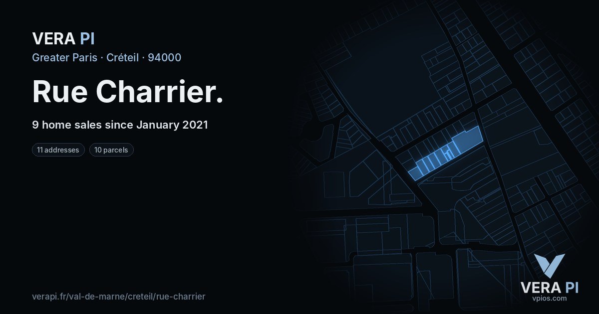 Rue Charrier, Créteil at night – every parcel coloured by the prices around it, the street's own parcels lit