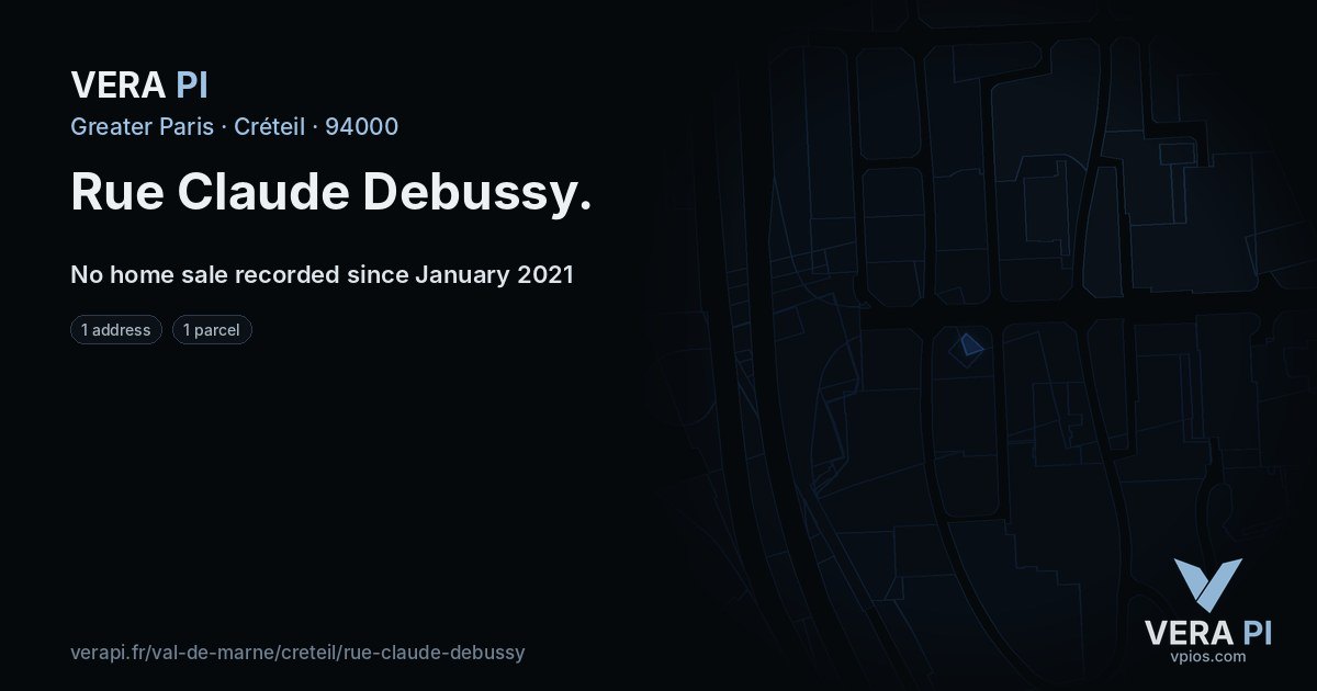 Rue Claude Debussy, Créteil at night – every parcel coloured by the prices around it, the street's own parcels lit