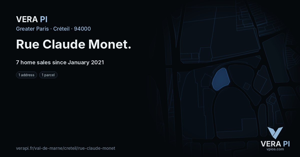 Rue Claude Monet, Créteil at night – every parcel coloured by the prices around it, the street's own parcels lit