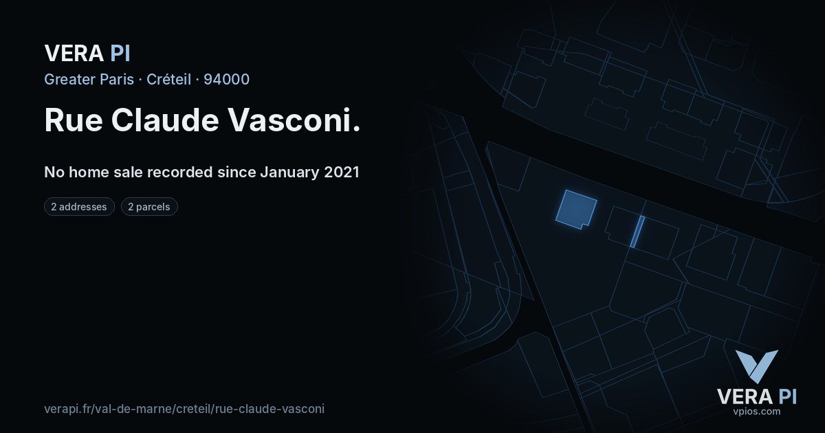 Rue Claude Vasconi, Créteil at night – every parcel coloured by the prices around it, the street's own parcels lit