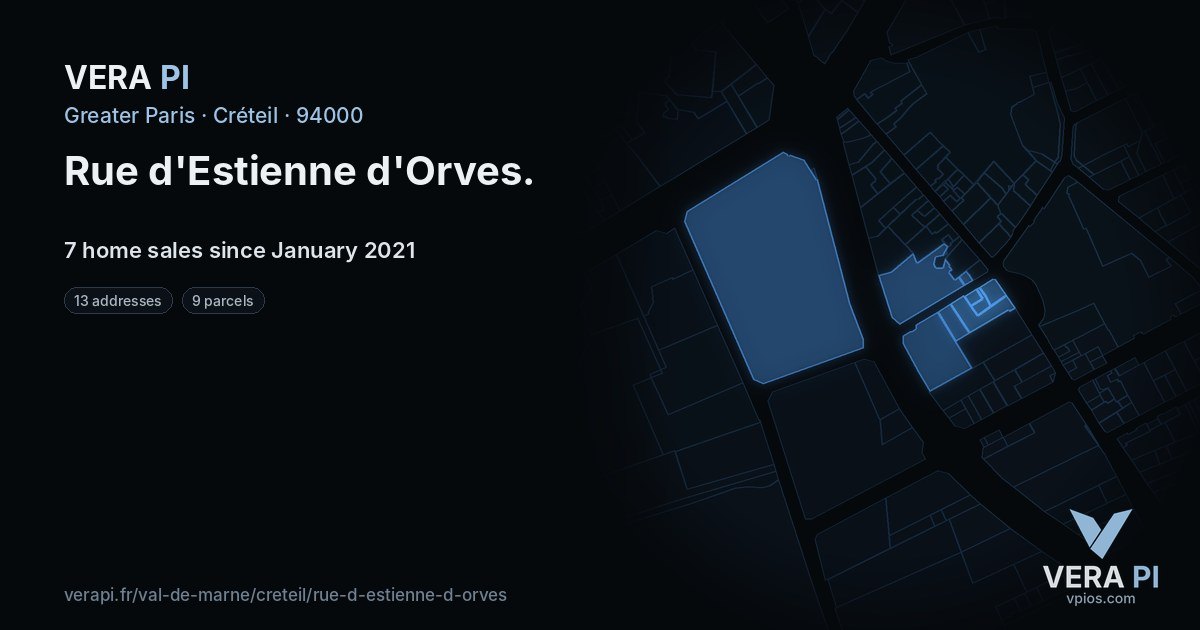 Rue d'Estienne d'Orves, Créteil at night – every parcel coloured by the prices around it, the street's own parcels lit