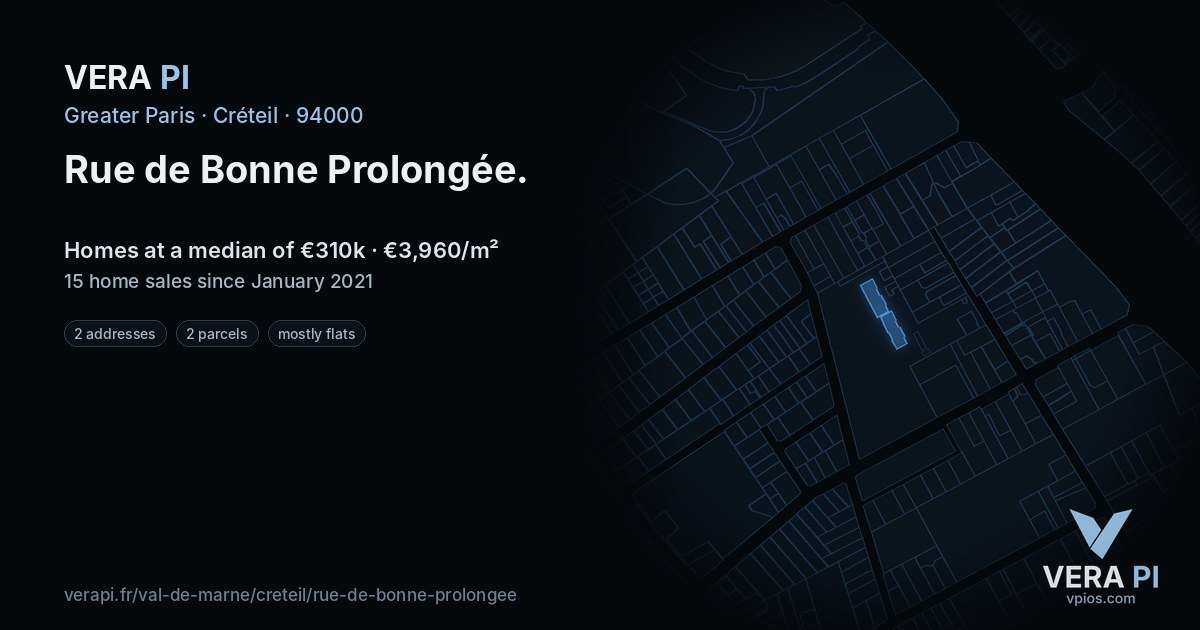 Rue de Bonne Prolongée, Créteil at night – every parcel coloured by the prices around it, the street's own parcels lit