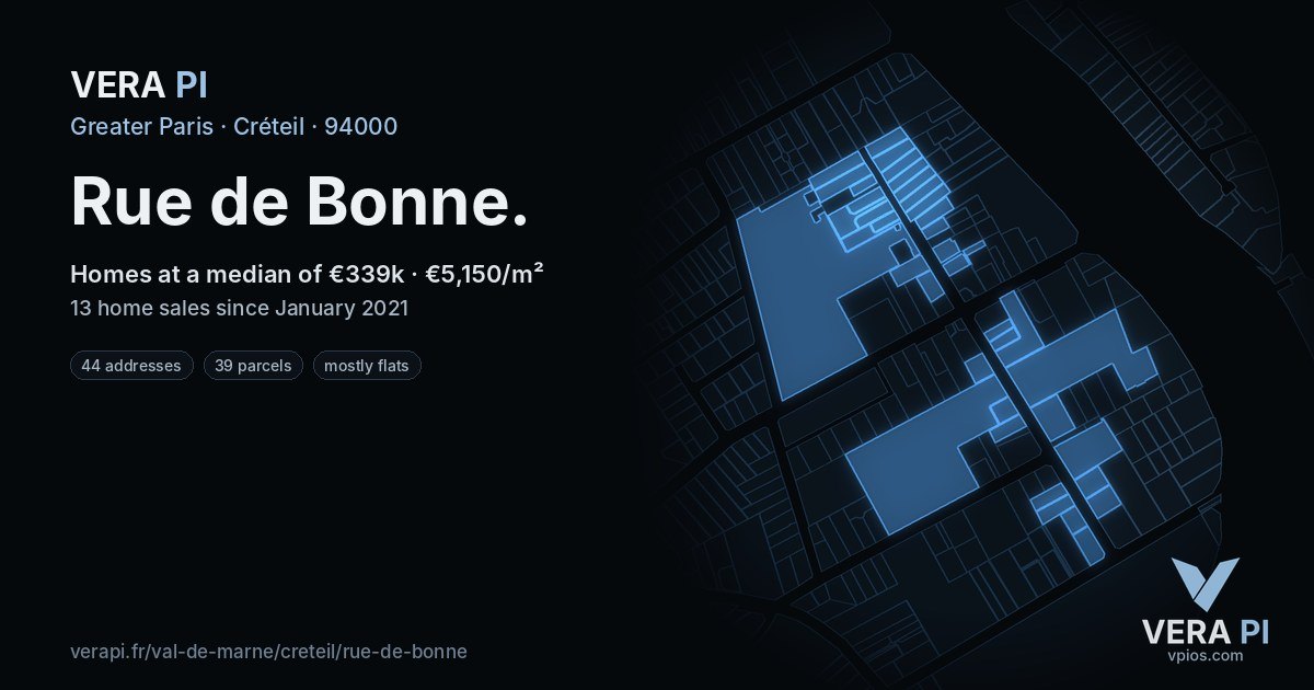 Rue de Bonne, Créteil at night – every parcel coloured by the prices around it, the street's own parcels lit