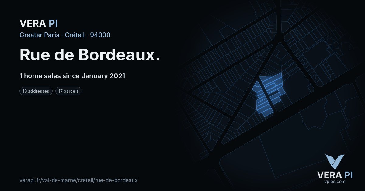 Rue de Bordeaux, Créteil at night – every parcel coloured by the prices around it, the street's own parcels lit