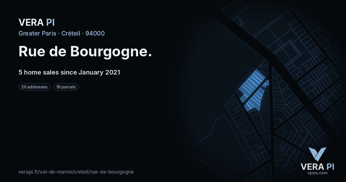 Rue de Bourgogne, Créteil at night – every parcel coloured by the prices around it, the street's own parcels lit