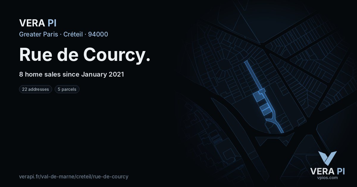 Rue de Courcy, Créteil at night – every parcel coloured by the prices around it, the street's own parcels lit